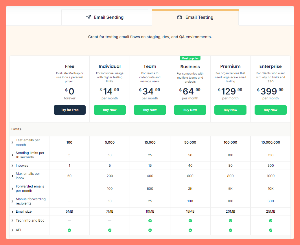 Mailtrap pricing plans for email testing.