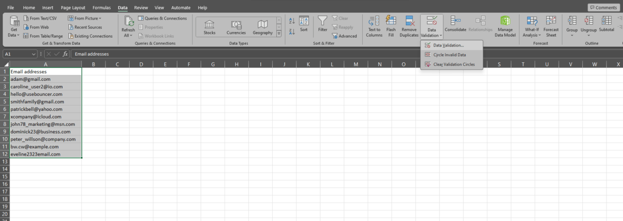 Validating emails in Excel