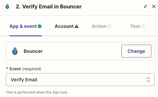 Selecting Bouncer as the action app 