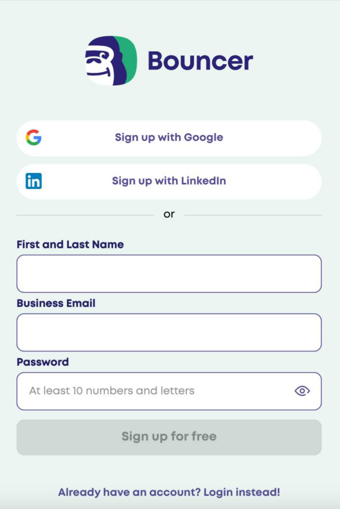 Bouncer's signup form