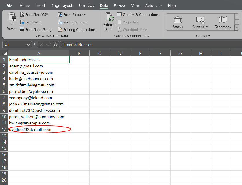 ověřování e-mailů v aplikaci Excel