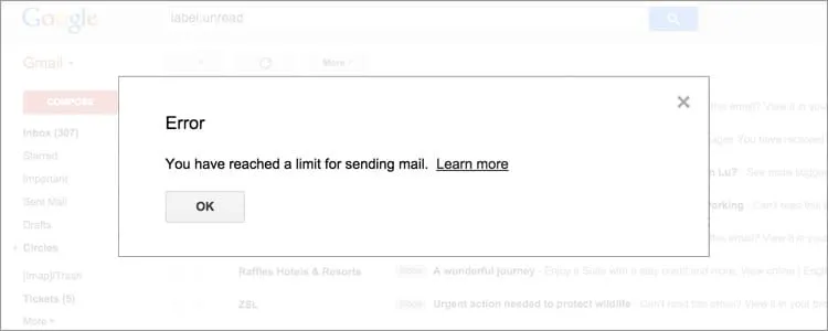 Gmail-sendergrenser - feil