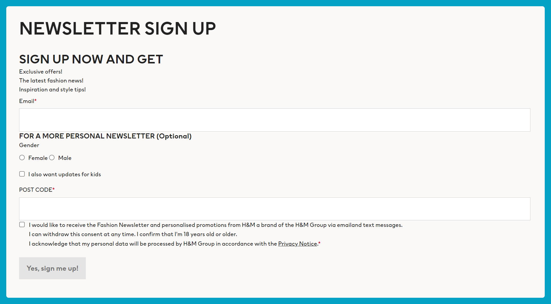 H&M newsletter sign up