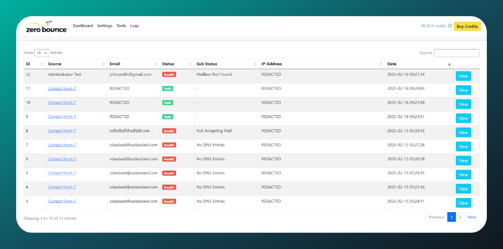 Painel de controle da ZeroBounce