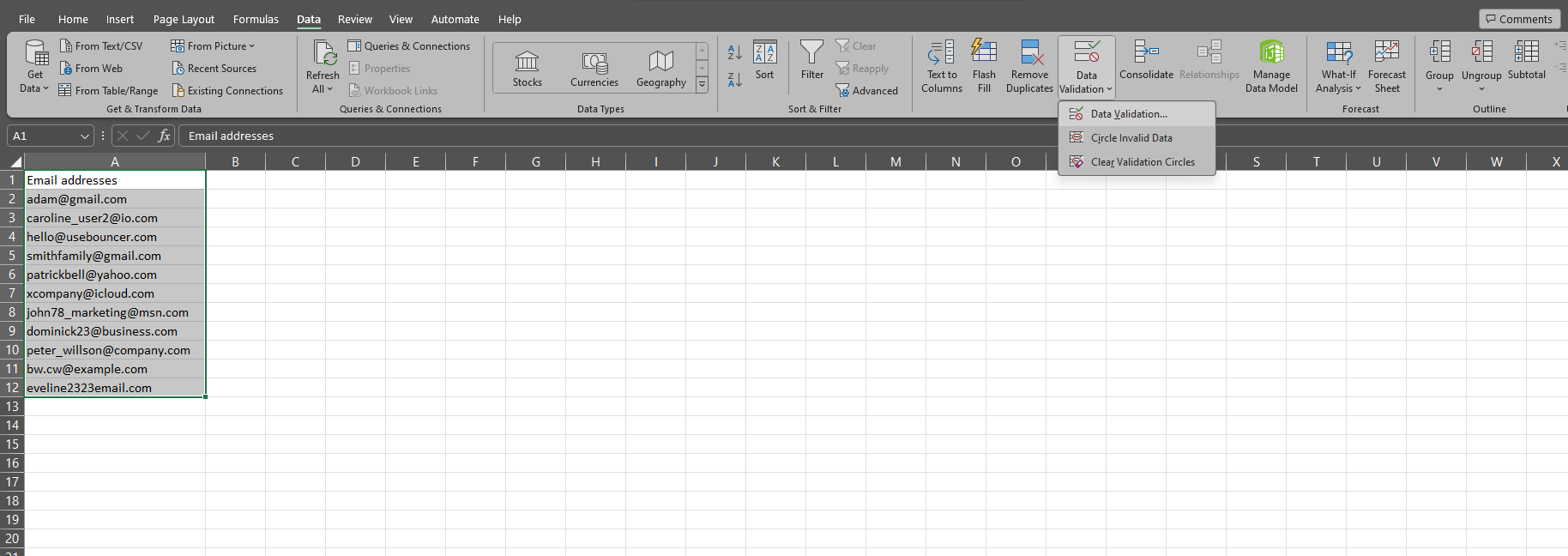 validation de l'email dans excel