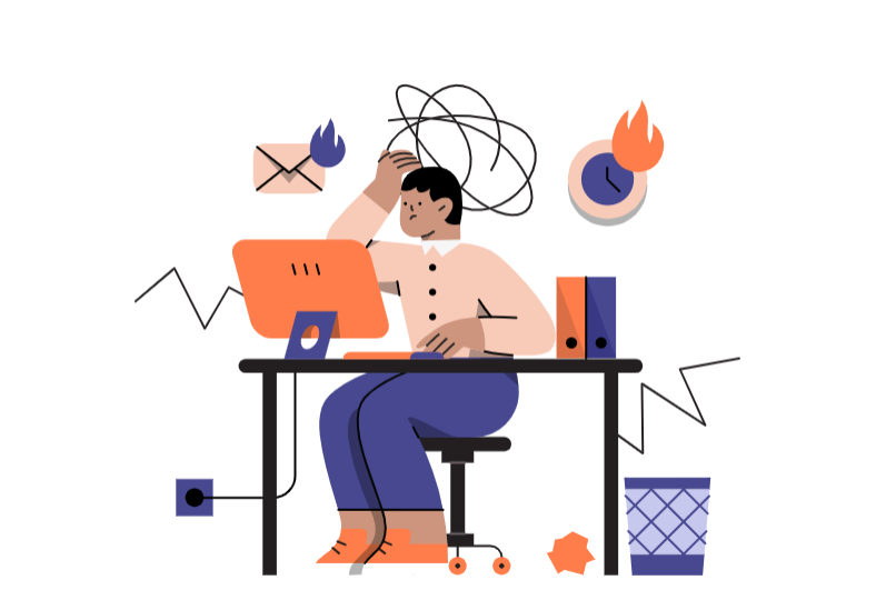 A man sitting at a desk looking stressed with emails, a clock, and fire icons around him, representing workplace overwhelm.