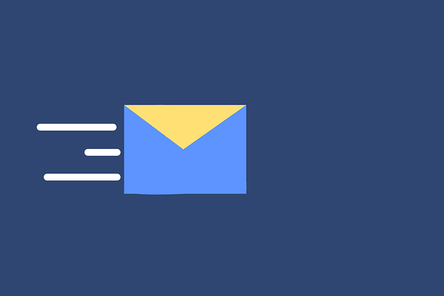 A blue and yellow envelope icon in motion on a dark blue background.