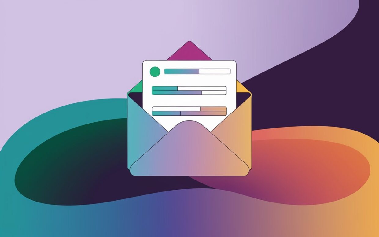 An open envelope with a document inside, featuring colorful lines and dots, representing a digital message or email.