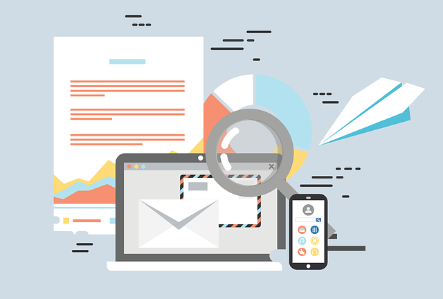 A laptop, document, and magnifying glass surrounded by email, chart, and paper plane icons.