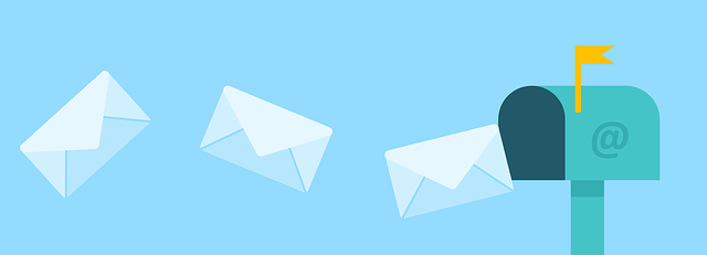 Envelopes flying toward an email mailbox with a yellow flag on a blue background.