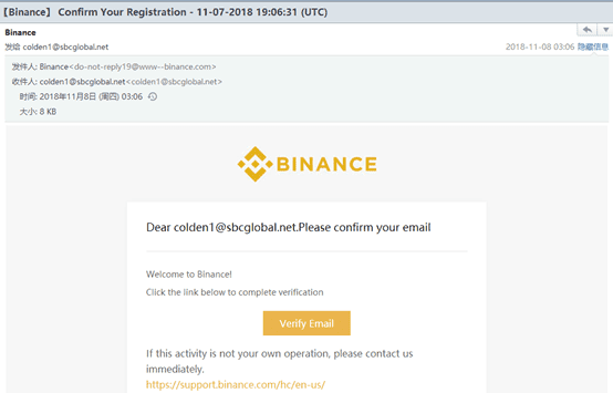 A phishing email impersonating Binance.