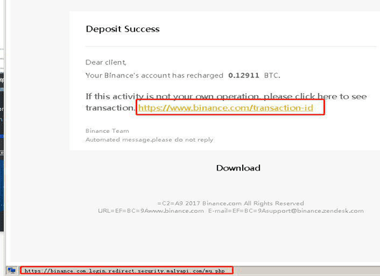 Binance fake link in a phishing email.