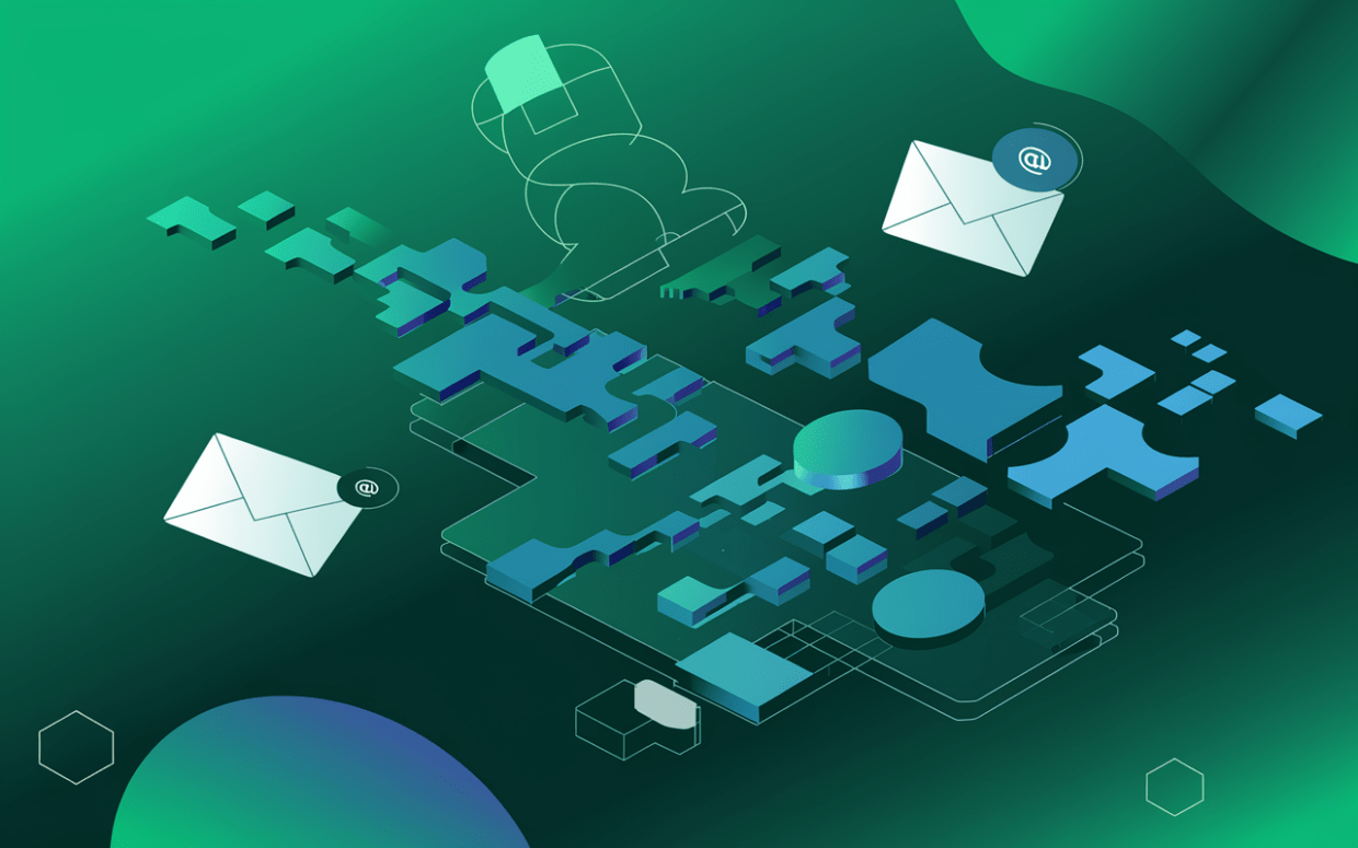 An abstract depiction of email envelopes integrating with puzzle-like pieces and geometric shapes, symbolizing email verification processes.