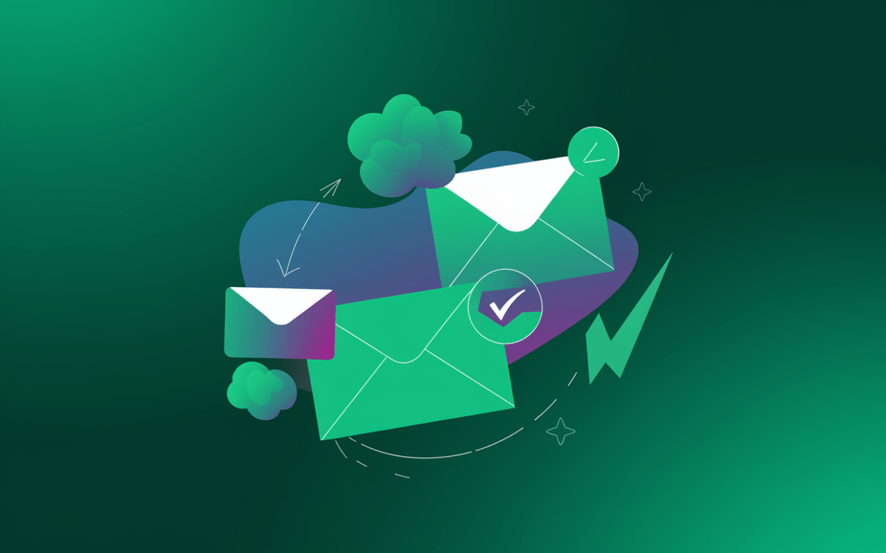 An artistic illustration of green envelopes with checkmarks and cloud graphics, symbolizing verified and seamless email delivery.