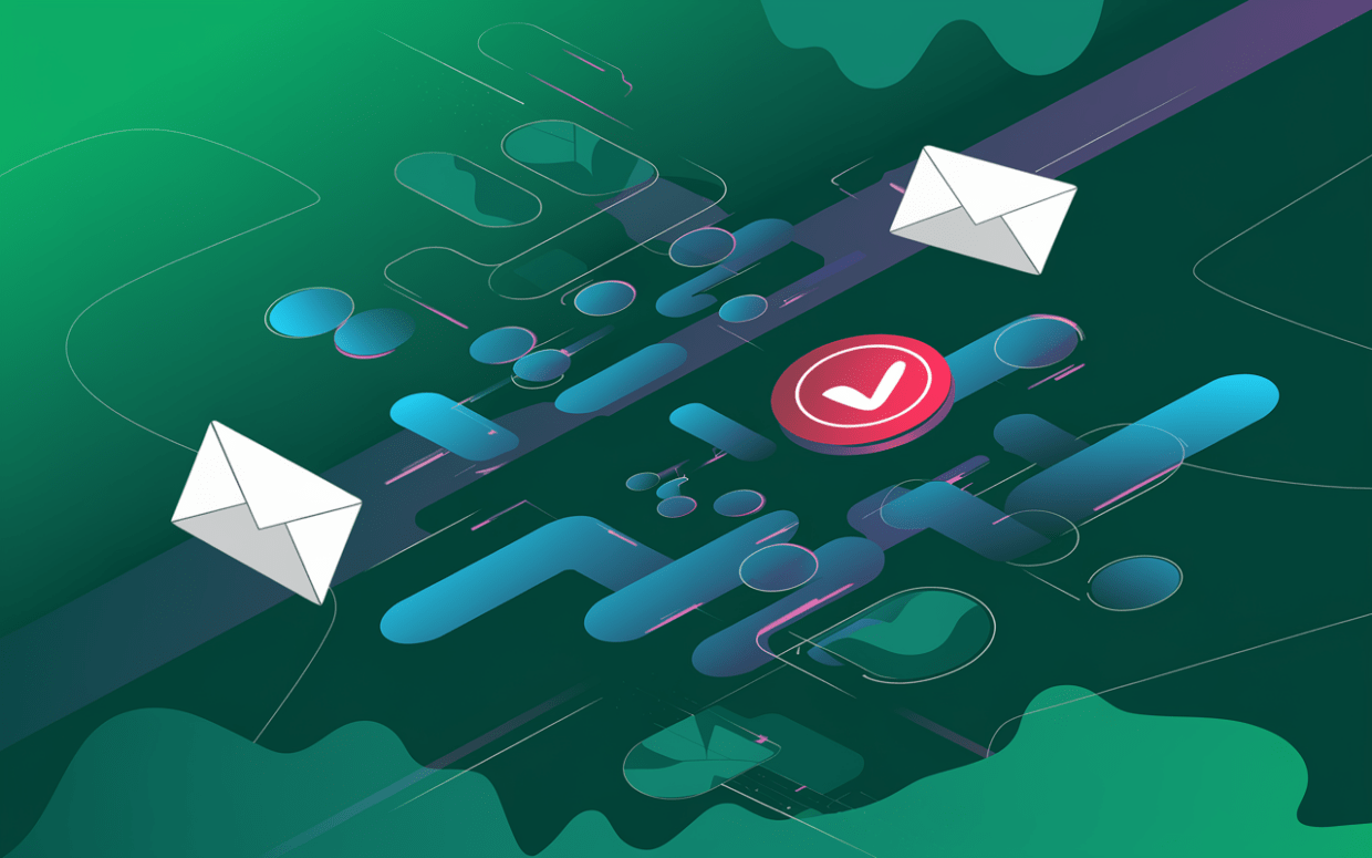 A futuristic design showcasing floating envelopes, abstract elements, and a red checkmark, representing email verification and precision.