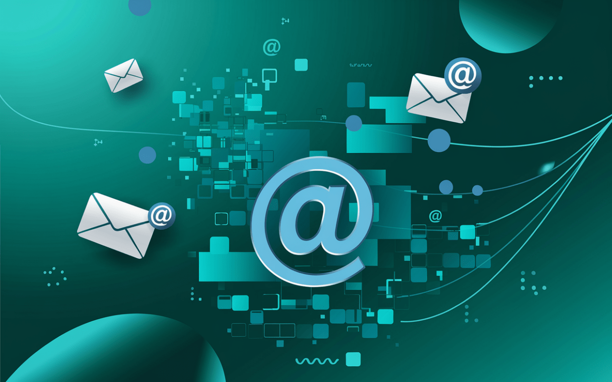 A dynamic image featuring "@ symbols" and email envelopes surrounded by network-like digital patterns.