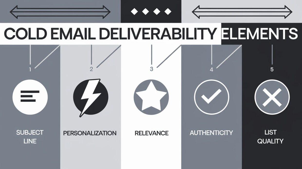 Visuell uppdelning av viktiga element för leverans av kalla e-postmeddelanden: ämnesrad, personalisering, relevans, äkthet och listkvalitet.