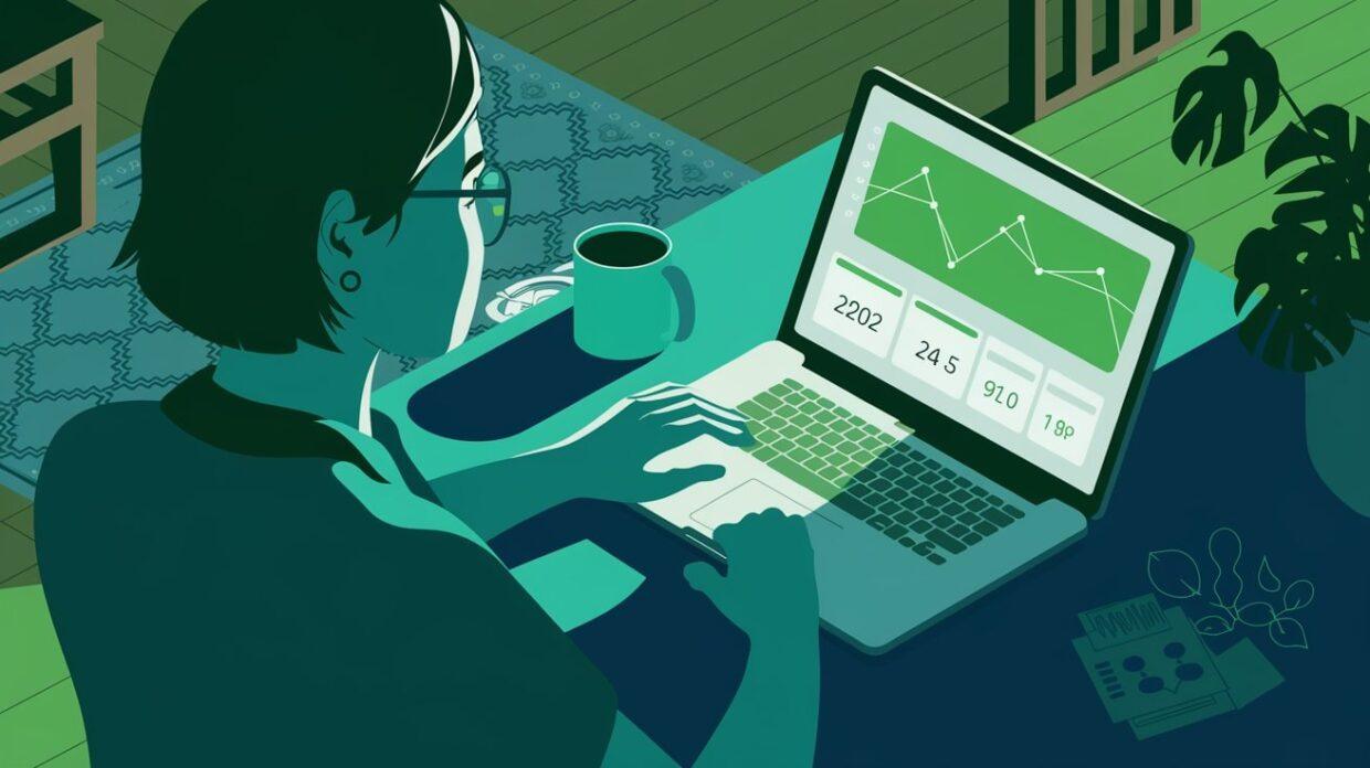 A person working on a laptop at home with a cup of coffee and a screen displaying analytics graphs and numbers.